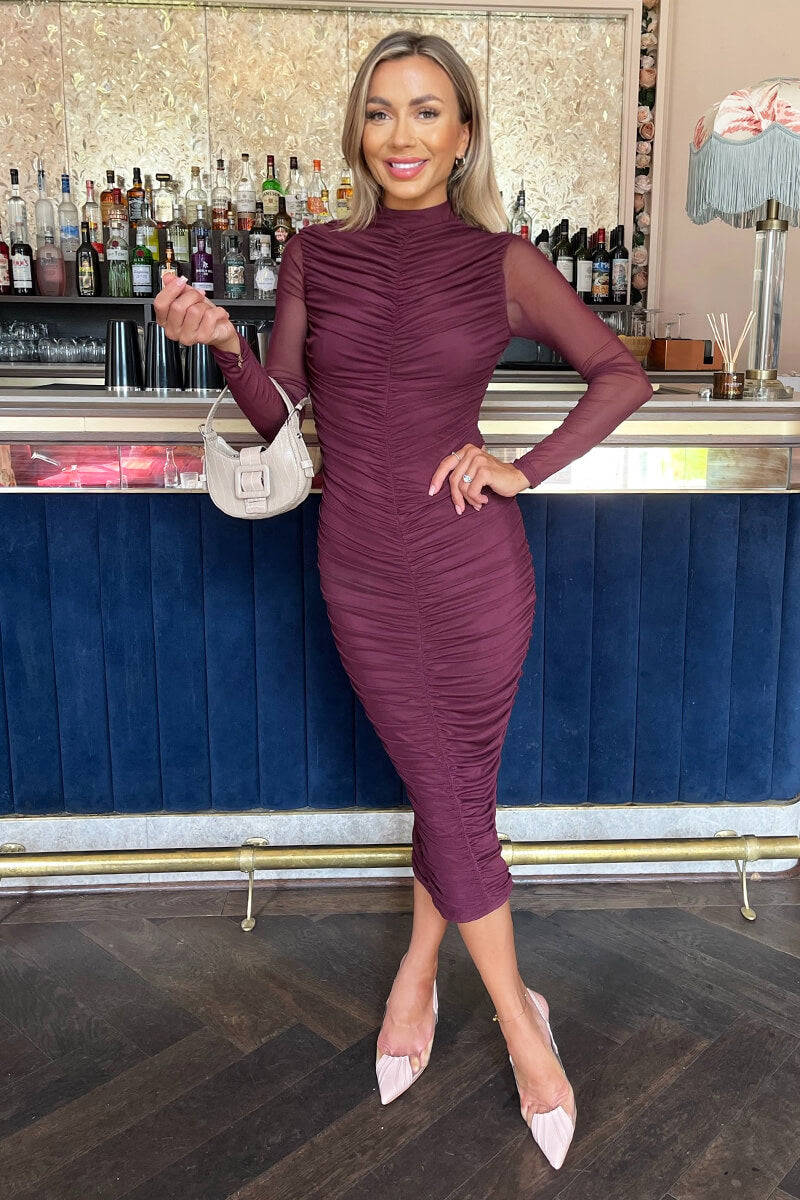 Plum High Neck Long Sleeve Ruched Bodycon Mesh Midi Dress