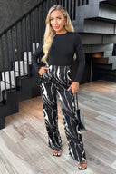 Black Abstract Stripe Print 2 in 1 Long Sleeve Wide Leg Jumpsuit