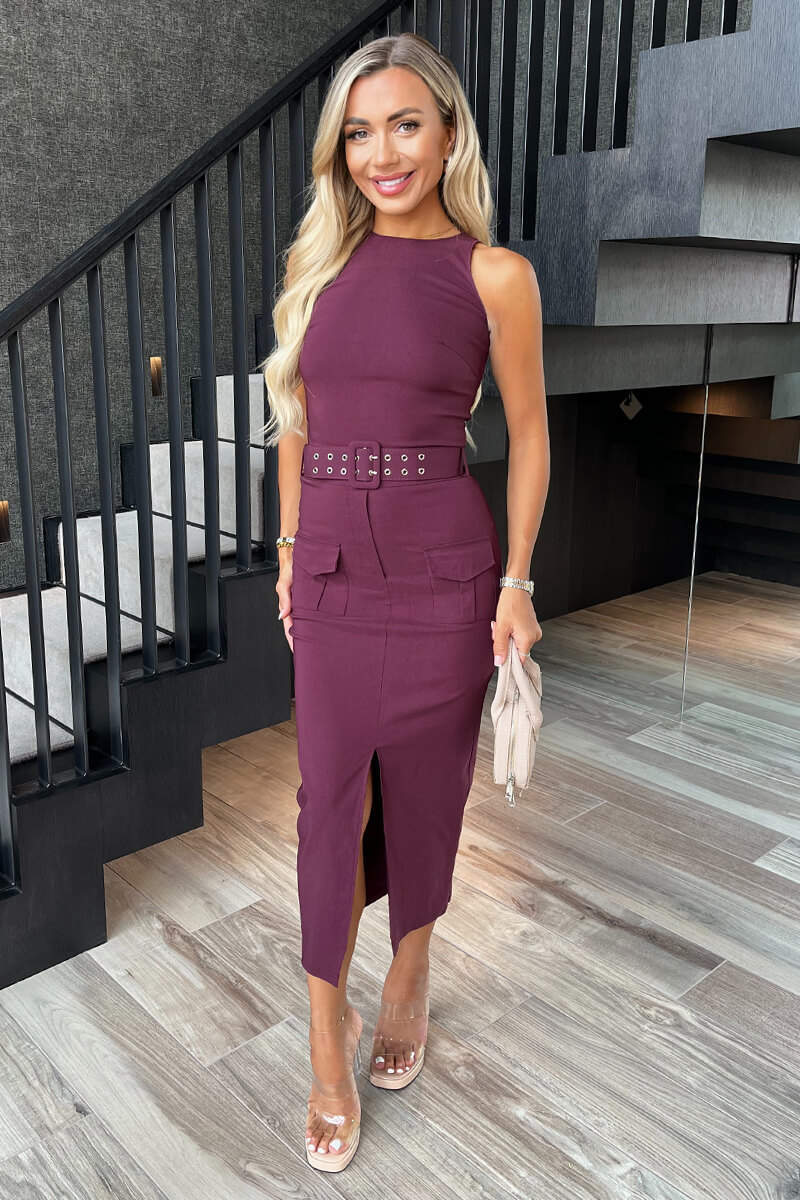 Plum Round Neck Belted Bodycon Cargo Midi Dress