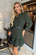 Olive Long Sleeve Frill Hem Shirt Mini Dress