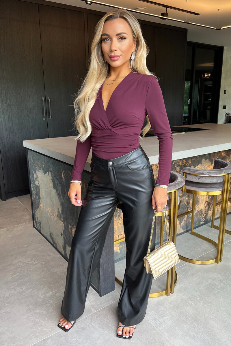 Plum Long Sleeve Drape Waist Wrap Bodysuit