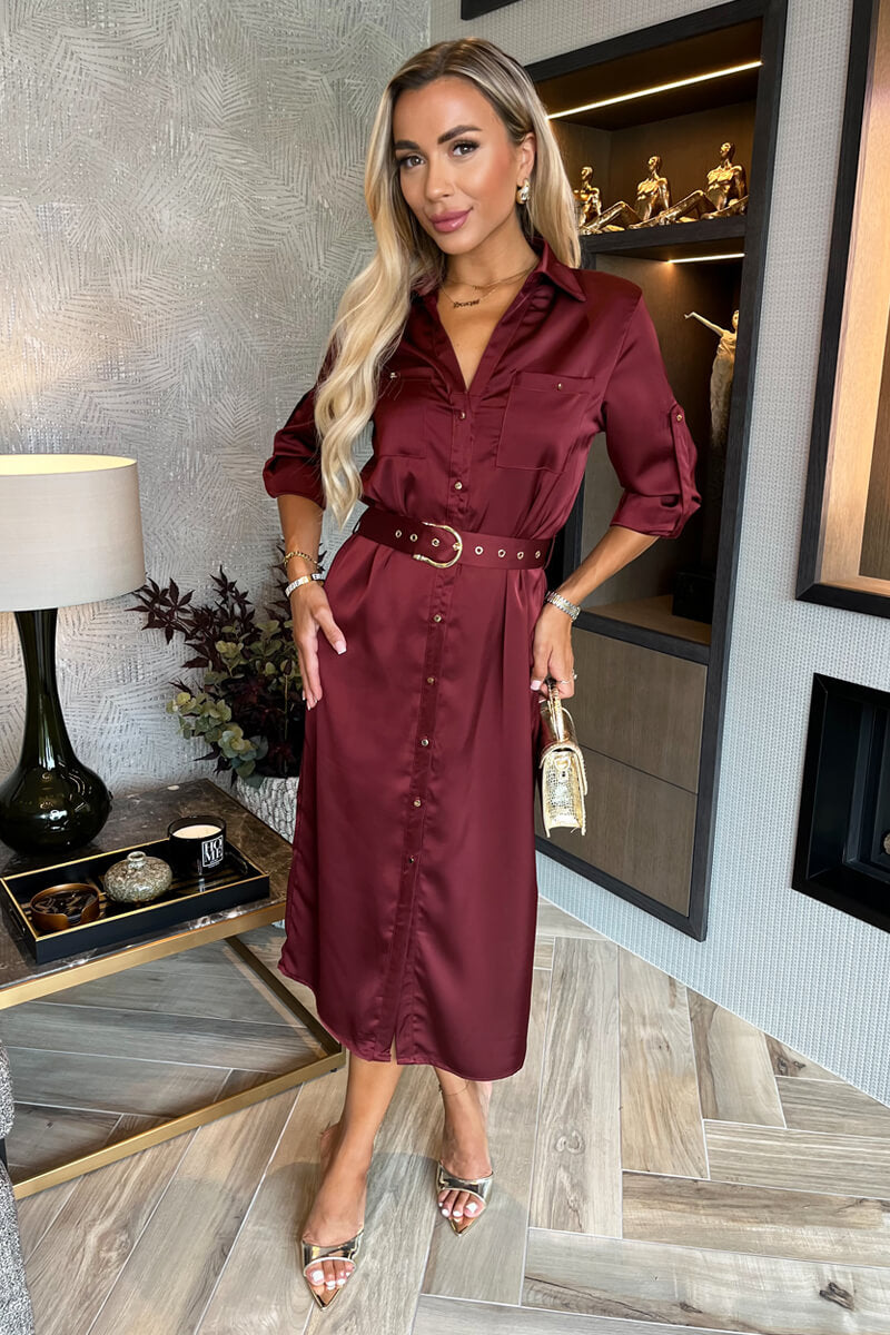 Wine Satin Belted 3/4 Sleeve Gold Buttons Shirt Midi Dress – AX Paris US