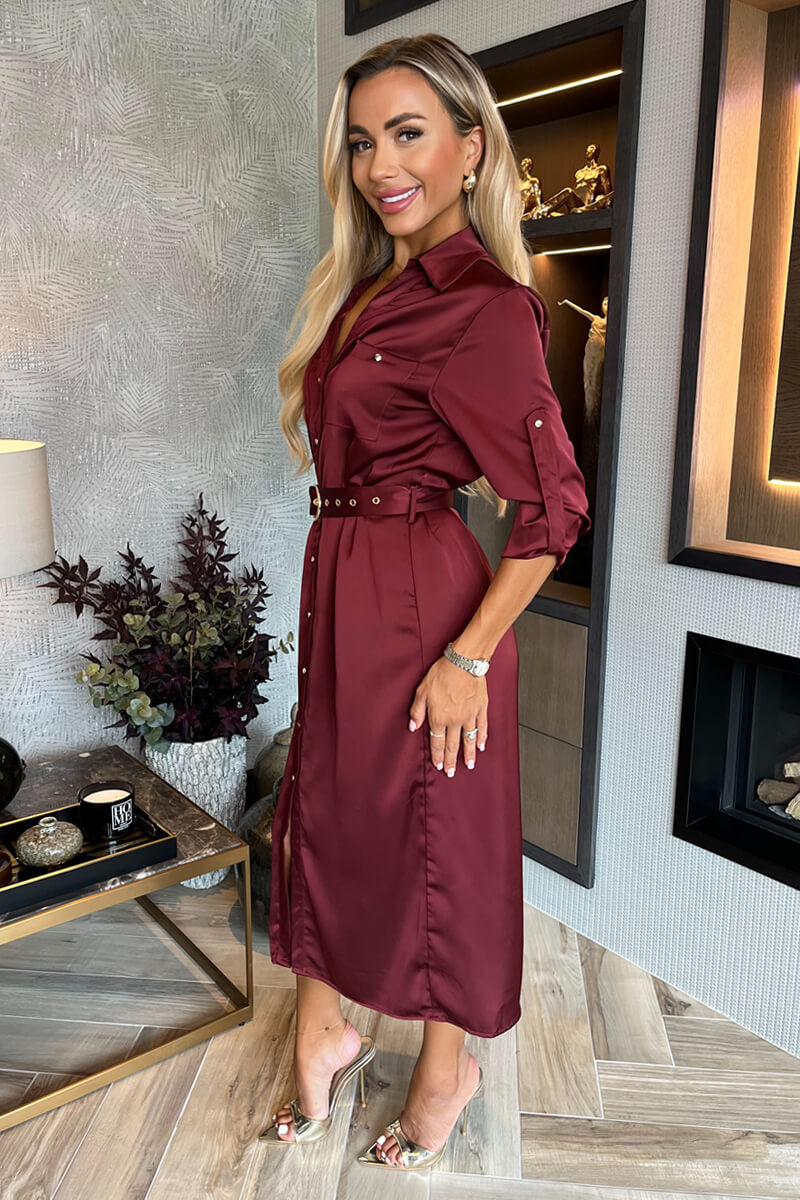 Wine Satin Belted 3/4 Sleeve Gold Buttons Shirt Midi Dress