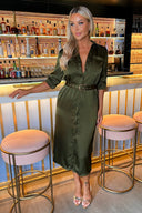 Olive Satin Belted 3/4 Sleeve Gold Buttons Shirt Midi Dress