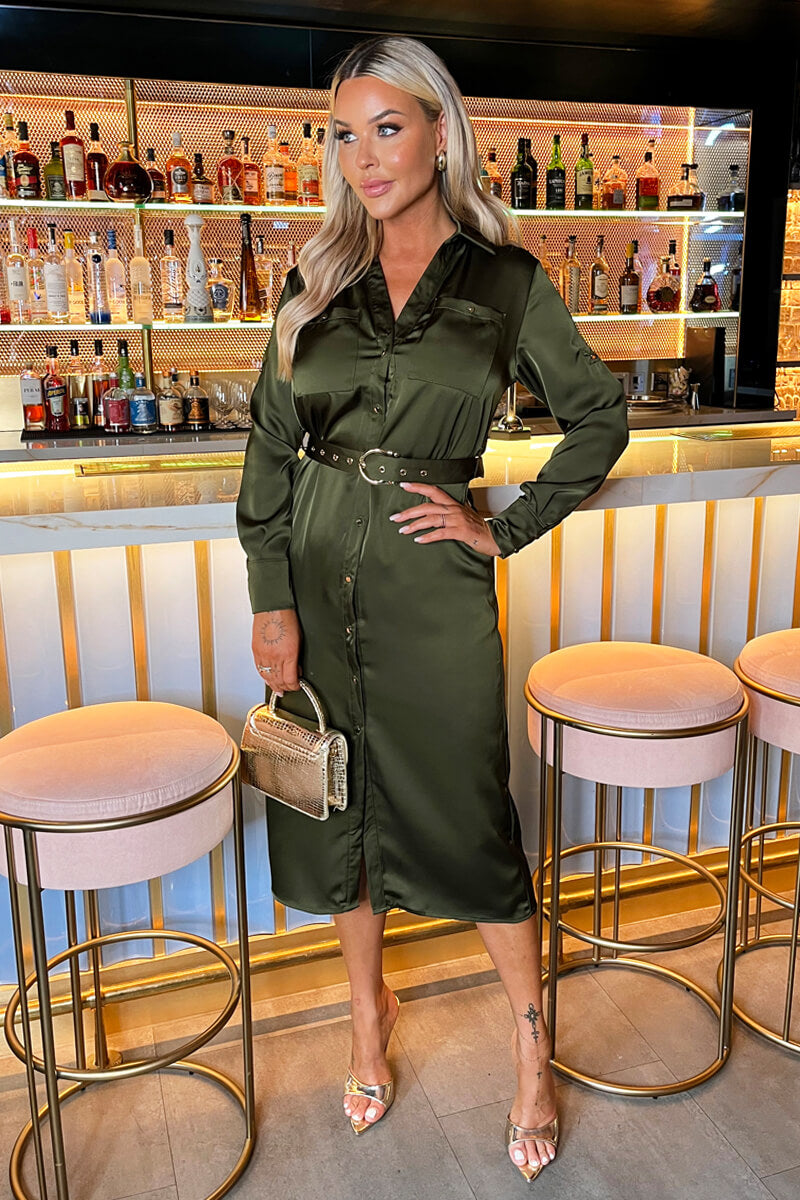 Olive Satin Belted 3/4 Sleeve Gold Buttons Shirt Midi Dress