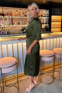 Olive Satin Belted 3/4 Sleeve Gold Buttons Shirt Midi Dress