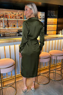 Olive Satin Belted 3/4 Sleeve Gold Buttons Shirt Midi Dress