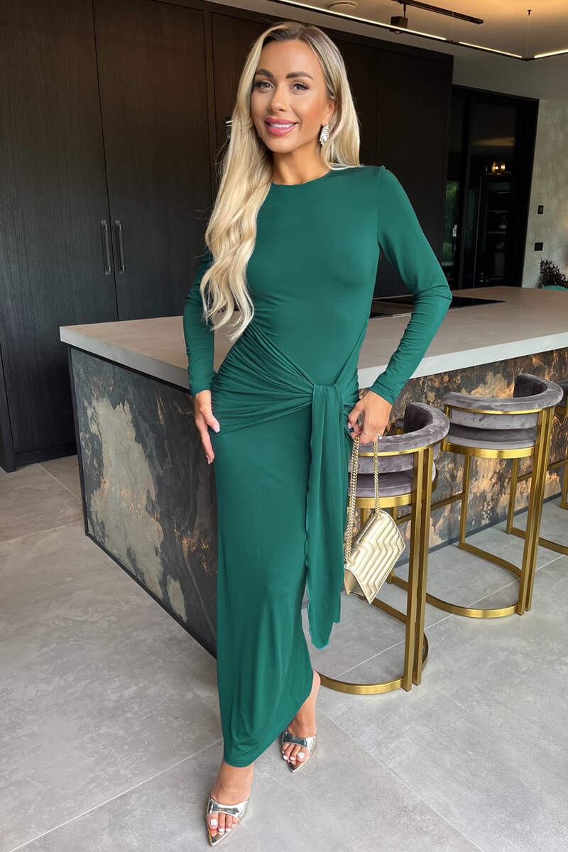 Teal Long Sleeve Sash Bodycon Midi Dress