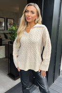 Stone V- Neck Collared Cable Knit Jumper