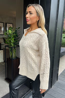 Stone V- Neck Collared Cable Knit Jumper