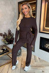 Chocolate Ribbed Tie Waist Flared Leg Co-ord