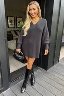 Anthracite V-Neck Knitted Jumper Dress