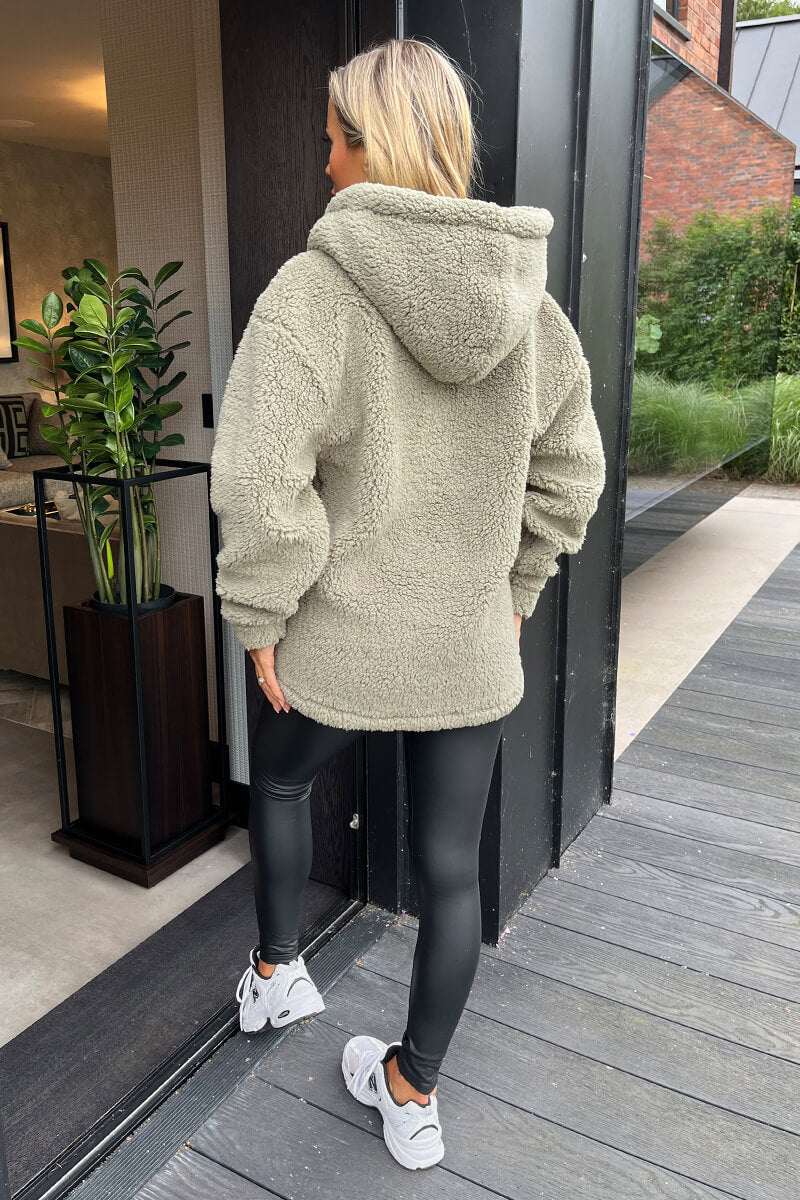 Khaki 1/4 Zip Teddy Hoodie