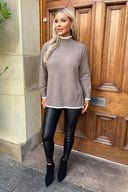 Mink Mock Neck Side Split Contrast Hem Knitted Jumper