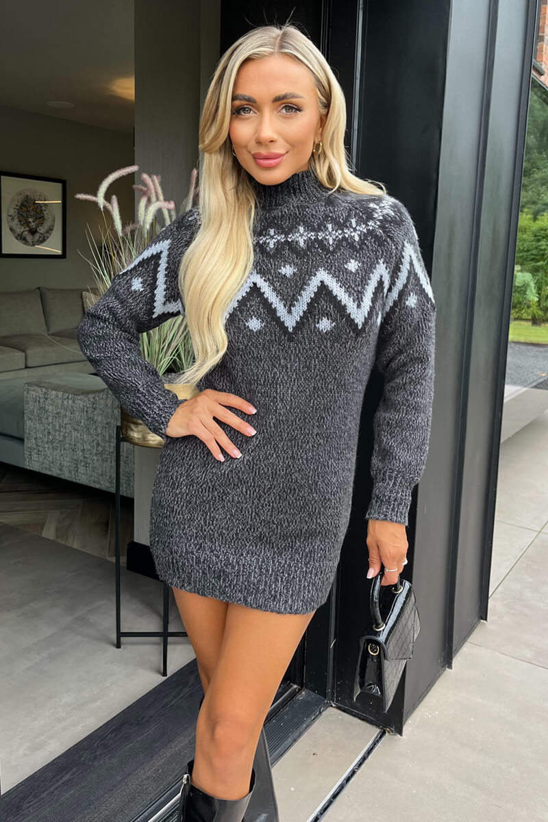 Anthracite Fairisle Mock Neck Knitted Dress – AX Paris US
