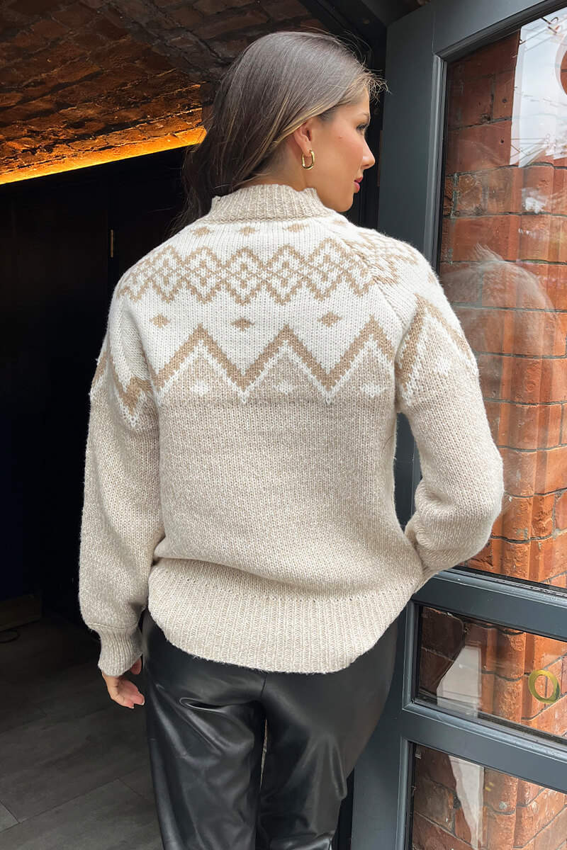 Oatmeal Fairisle Mock Neck Knitted Jumper