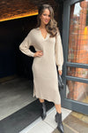 Oatmeal Knit Long Sleeve Collared Midi Dress