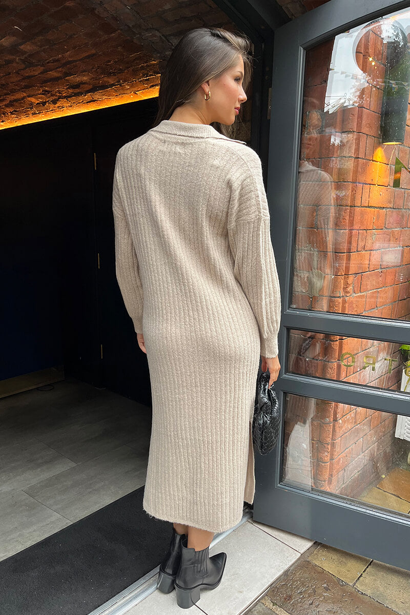 Oatmeal Knit Long Sleeve Collared Midi Dress