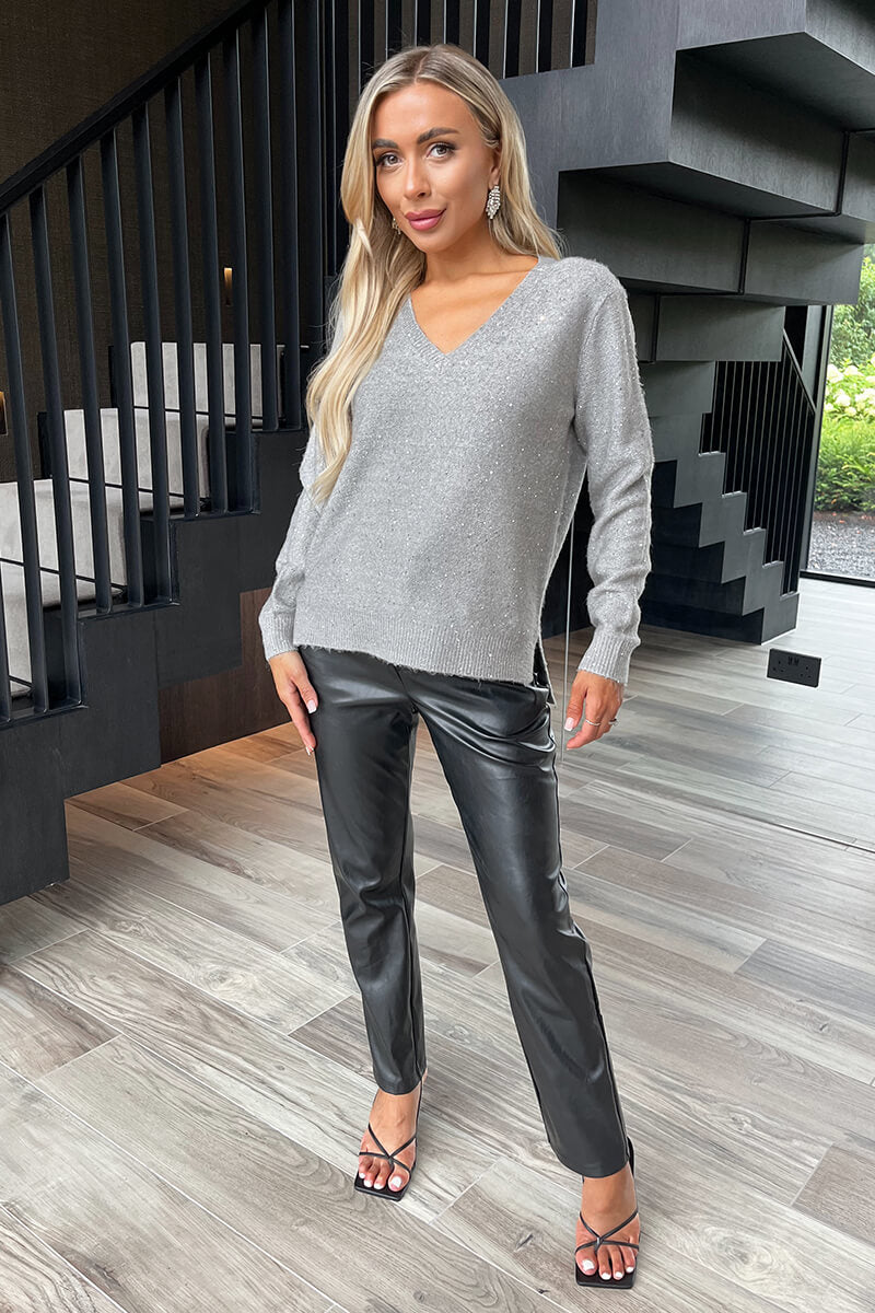 Grey Sequin Detail V-Neck Jumper