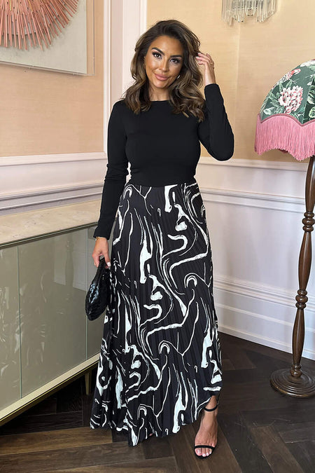 Black Abstract Stripe Print 2 in 1 Long Sleeve Pleated Skirt Midi Dress
