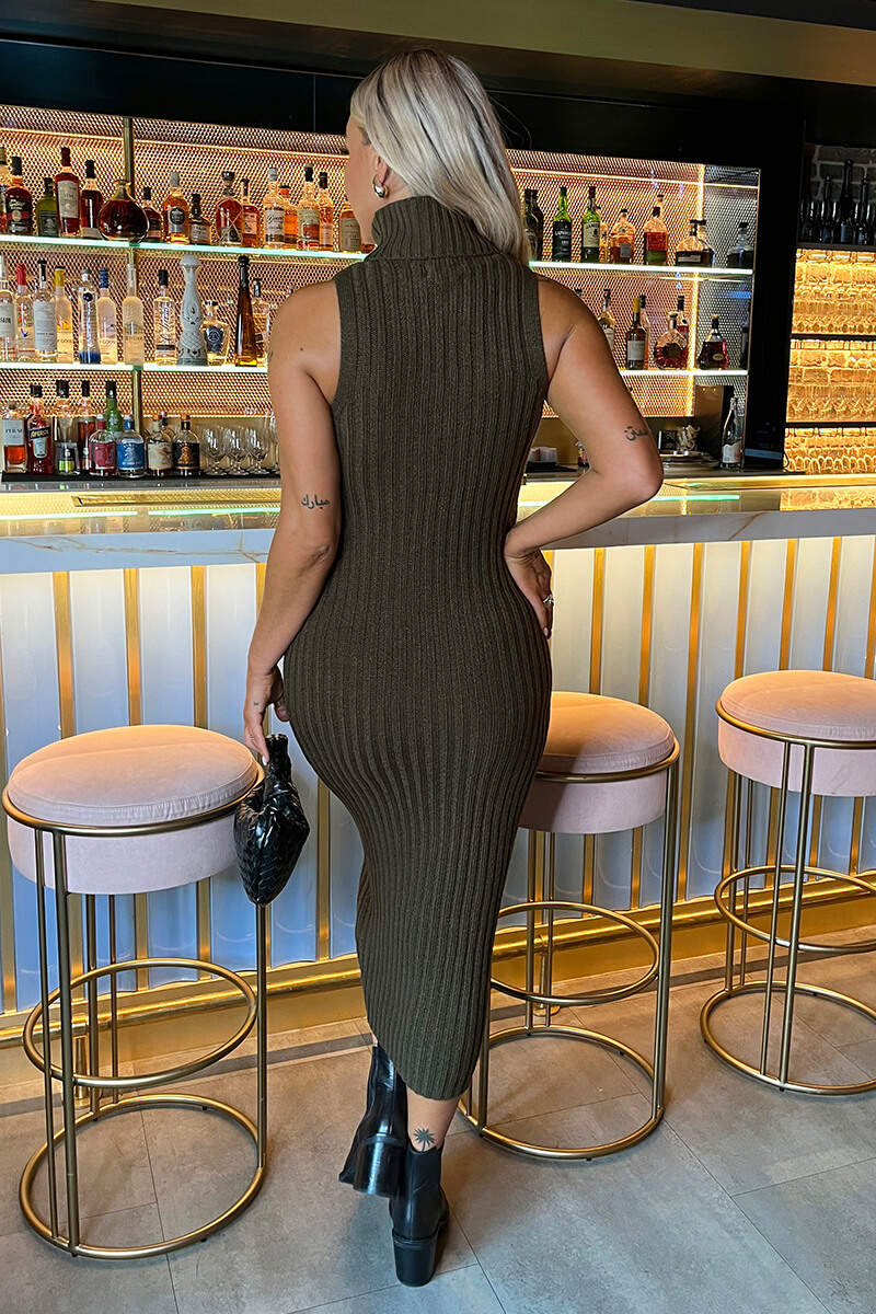 Olive Roll Neck Sleeveless Cable and Ribbed Knit Midi Dress Olive Roll Neck Sleeveless Cable and Ribbed Knit Midi Dress