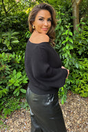 Black Ribbed Knit Off The Shoulder Batwing Sleeve Jumper