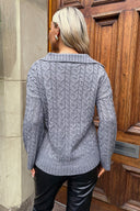 Mid- Grey V- Neck Collared Cable Knit Jumper