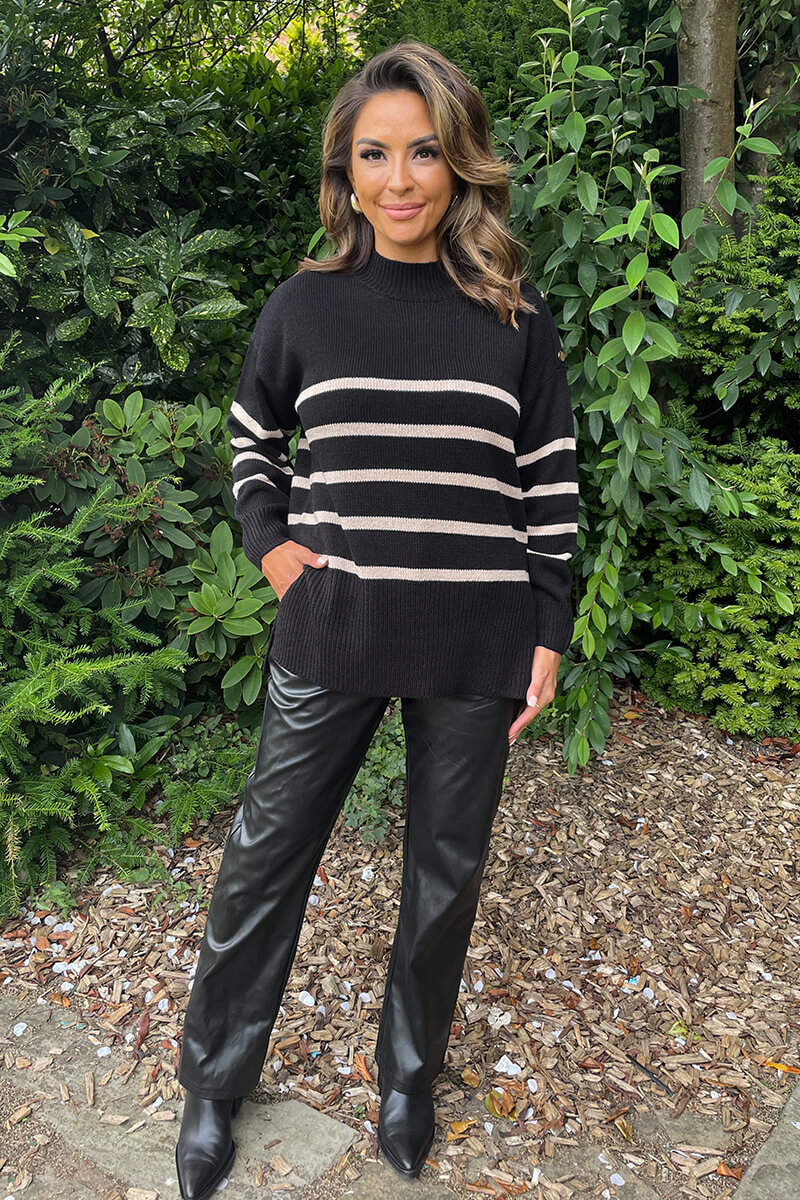 Black and Oatmeal Striped Button Detail Shoulder Knit Jumper