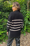 Black and Oatmeal Striped Button Detail Shoulder Knit Jumper