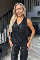 Black Sequin Button Front Waistcoat