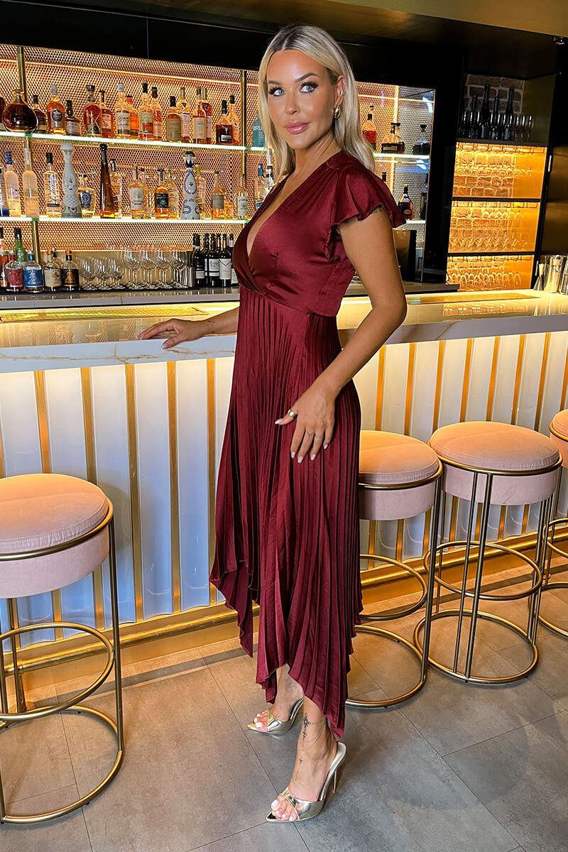 Wine Wrap Top Zig Zag Hem Pleated Midi Dress