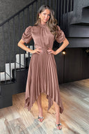 Taupe High Neck Puff Sleeve Zig Zag Hem Pleated Midi Dress