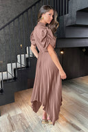 Taupe High Neck Puff Sleeve Zig Zag Hem Pleated Midi Dress