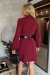 Wine Button Front Belted Shirt Mini Dress