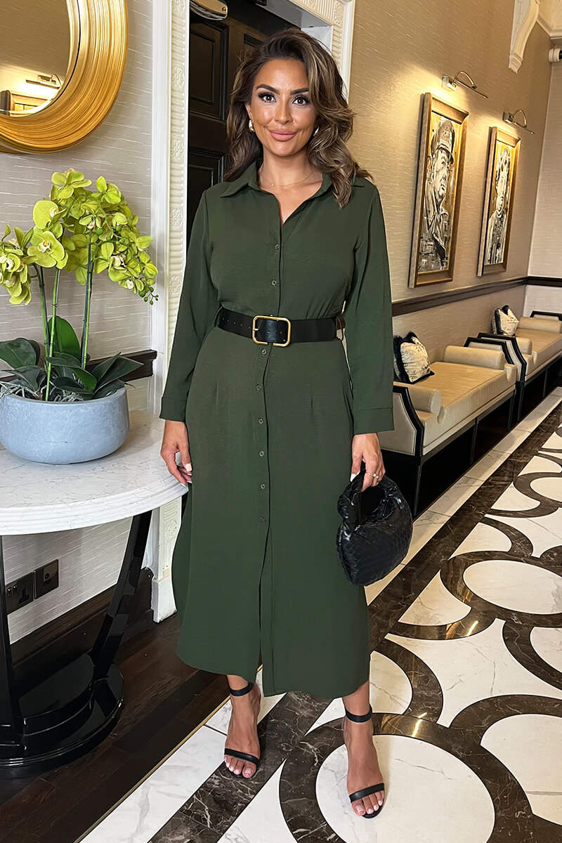 Olive Button Front Belted Shirt Midi Dress