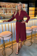 Wine Button Front Belted Shirt Midi Dress