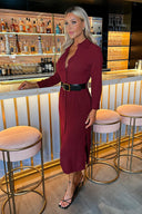 Wine Button Front Belted Shirt Midi Dress