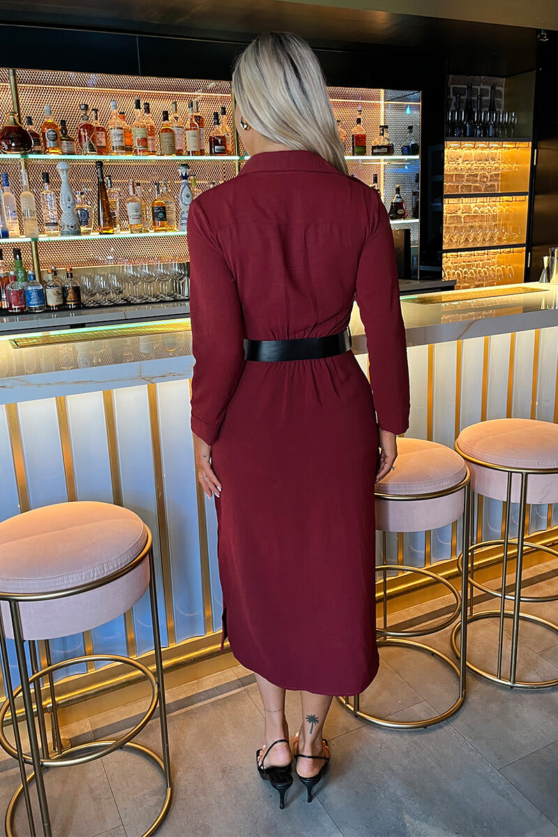 Wine Button Front Belted Shirt Midi Dress