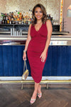 Wine V Neck Ruched Bodycon Midi Dress