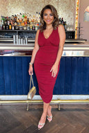 Wine V Neck Ruched Bodycon Midi Dress