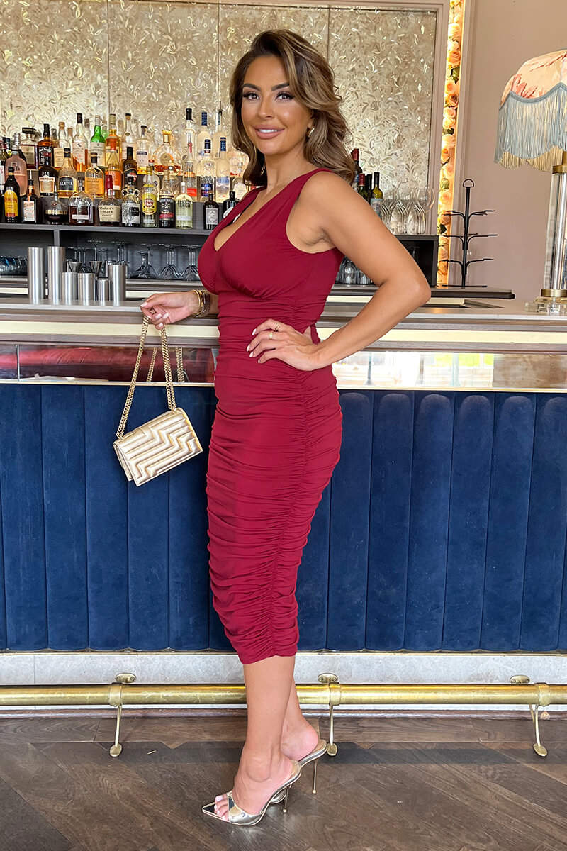 Wine V Neck Ruched Bodycon Midi Dress