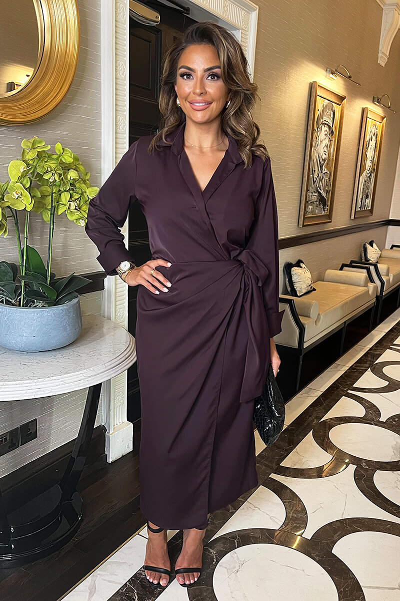 Plum Side Tie Waist Wrap Midi Dress