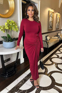 Wine Long Sleeves Knot Skirt Bodycon Midi Dress