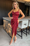 Wine Satin Strappy Cowl Neck Gathered Skirt Midi Dress