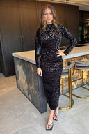 Black Jacquard Velvet Long Sleeve Gathered Side Midi Dress