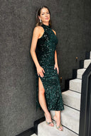 Green Velvet And Sequin Racer Neck Midi Dress