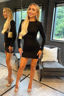 Black Diamante Sparkle Long Sleeve Mini Dress