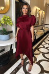 Wine High Neck Puff Sleeve Zig Zag Hem Pleated Midi Dress