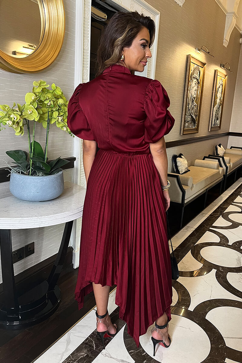 Wine High Neck Puff Sleeve Zig Zag Hem Pleated Midi Dress