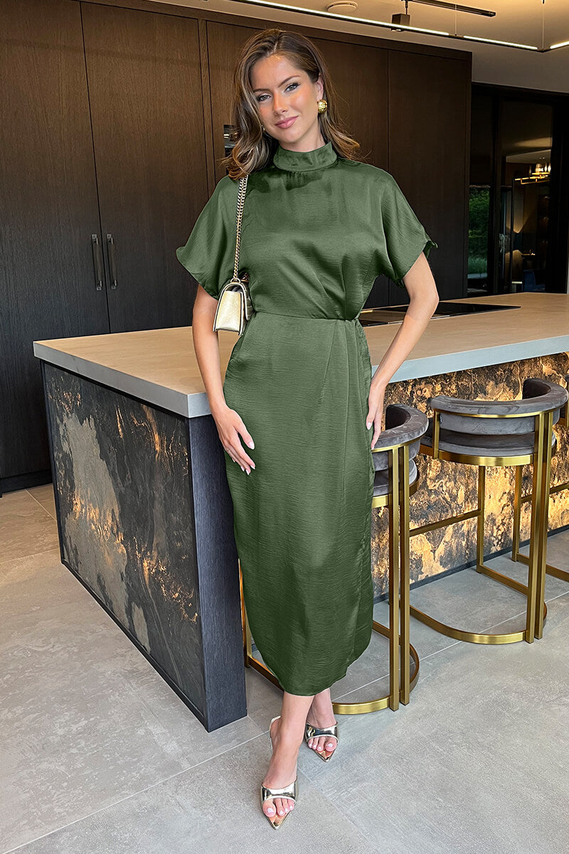 Olive Satin High Neck Wrap Skirt Midi Dress – AX Paris US
